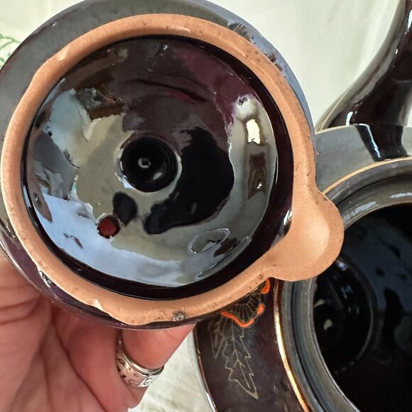 1940 - 1950's Vintage Japanese Moriage Teapot Brown Betty Style Glazed Gold Trim - Picture 8 of 14